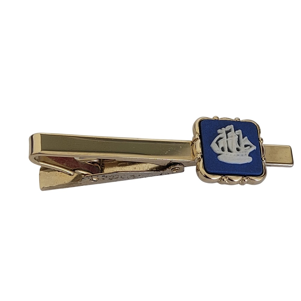 Wedgwood Blue Jasperware Sailing Ship Tie Clip Vintage Gold Tone Made in England